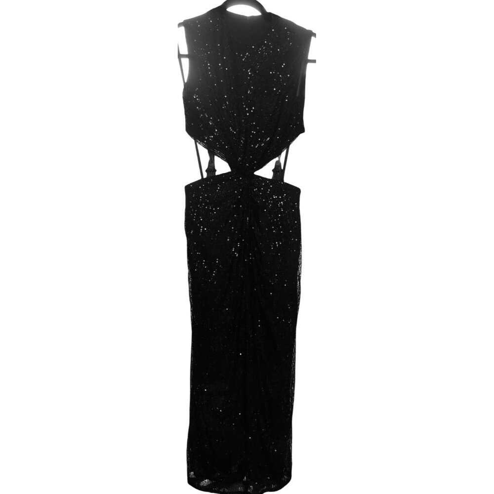 Mac Duggal Sequin Front Twist Cut Out Midi Sheath Dress Black Size 0 New W Tag - Picture 3 of 16